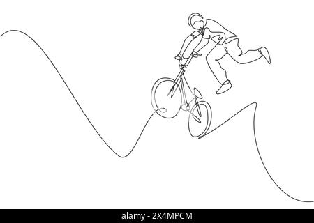 Einzelne durchgehende Linienzeichnung eines jungen BMX-Radfahrers, der in den Lufttrick im Skatepark springt. BMX-Freestyle-Konzept. Design-Vect mit einer Linie Stock Vektor