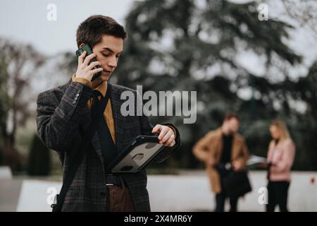 Klug gekleideter Geschäftsmann, der draußen mit Kollegen telefoniert Stockfoto