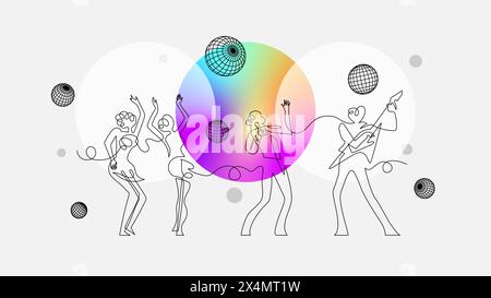 Quartett der Sängerinnen in Continuous Line Art, das Retro Pop-Empfindlichkeiten weckt Stock Vektor