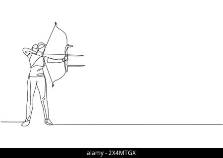 Eine einzelne Linienzeichnung der jungen Bogenschützerin fokussiert Bogenschießen, um Ziel-Vektor-Illustrationsgrafik zu treffen. Gesunde Aufnahmen mit Bow sp Stock Vektor