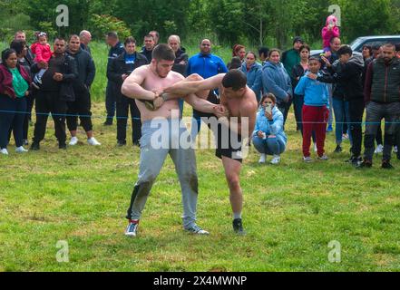 Malomirovo Strandja Berge Bulgarien 4. Mai 2024: Bürgermeister kehrt den nationalen Wrestling-Sport zurück nach 8 Jahren, Gewitter, die lange genug für die Veranstaltung gehalten wurden. Es ist einzigartig im Stil und seine Jahrhunderte alt und voller Geschichte. Wrestling ist eine der ältesten Formen des Kampfsports. Die Ursprünge des Wrestlings reichen etwa 14.000 Jahre zurück in jedem ländlichen Dorf in Bulgarien findet jährlich ein Kulturfest mit Ringen und einem abendlichen Tanz statt, bei dem die traditionellen Kulturtänze getanzt werden. Clifford Norton Alamy Live News Stockfoto