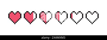 Pixel-Spiel-Lebensleiste. Vector Art 8 Bit Gesundheit Herzstab. Gaming-Controller, Symbolsatz. Stock Vektor
