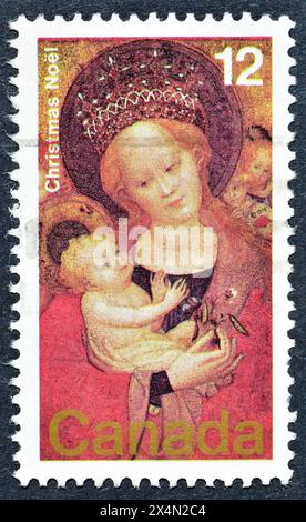 Gestempelte Briefmarke, gedruckt von Kanada, auf der das Gemälde „Madonna der blühenden Erbse“, Weihnachten, um 1978 zu sehen ist. Stockfoto