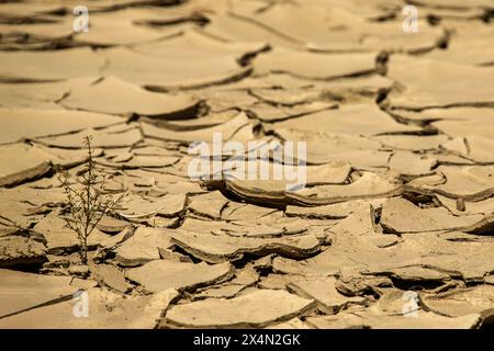 Zerrissener und getrockneter Schlamm im flüchtigen Swakop River, der durch die Namib-Wüste führt. Stockfoto
