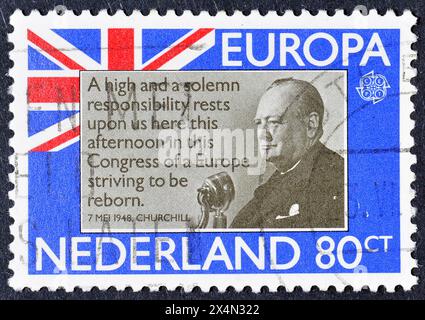 Gestempelte Briefmarke, gedruckt von den Niederlanden, auf der "Sir Winston Churchill (1874-1965), Europa (C.E.P.T.), um 1980 zu sehen ist. Stockfoto