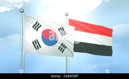 3D-Flagge von Südkorea und Jemen auf blauem Himmel mit Sonnenschein Stockfoto