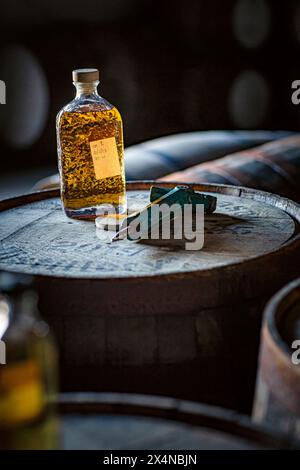 Whisky-Flasche mit Stöckelabzieher und Fass in der Raasay-Destillerie auf der hebridischen Insel Raasay, Schottland Stockfoto