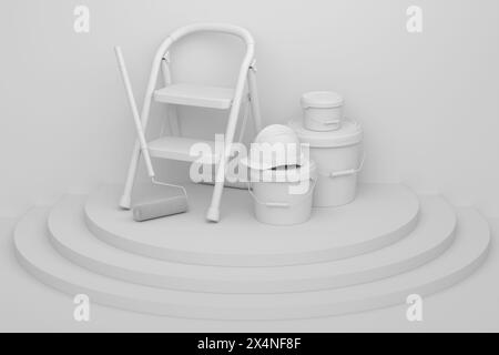 Abstrakte Szene oder Podium mit Klappleiter, Eimer und Malerwalzen auf einfarbigem Hintergrund. 3D-Rendering der Szene für die Produktpräsentation Zimmermann Stockfoto