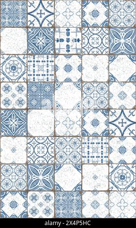 Nahtloses Aquarellmuster mit traditionellem portugiesischem Azulejo-Ornament. Quadratische Keramikfliesen in monochromen blauen Farben sehen gut auf Textilien und Handtüchern aus Stockfoto