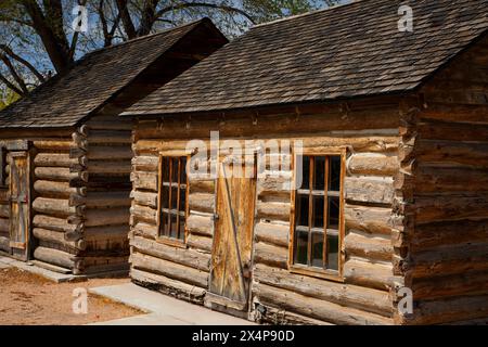 Blockhütte, Pahvant Valley Heritage Trail, Territorial Statehouse State Park Museum, Fillmore, Utah Stockfoto