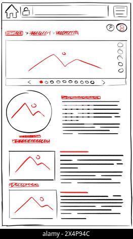 Website-Design-Vorlage, Schnittstellenentwicklung. Drahtmodell mit verschiedenen Elementen auf weißem Hintergrund Stockfoto