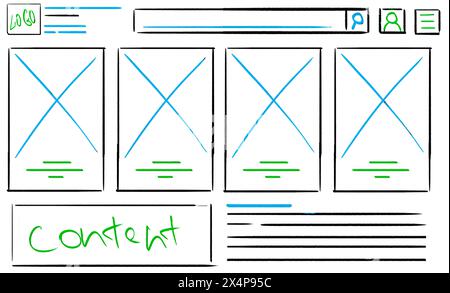Website-Design-Vorlage, Schnittstellenentwicklung. Drahtmodell mit verschiedenen Elementen auf weißem Hintergrund Stockfoto