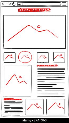 Website-Design-Vorlage, Schnittstellenentwicklung. Drahtmodell mit verschiedenen Elementen auf weißem Hintergrund Stockfoto