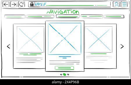 Website-Design-Vorlage, Schnittstellenentwicklung. Drahtmodell mit verschiedenen Elementen auf weißem Hintergrund Stockfoto