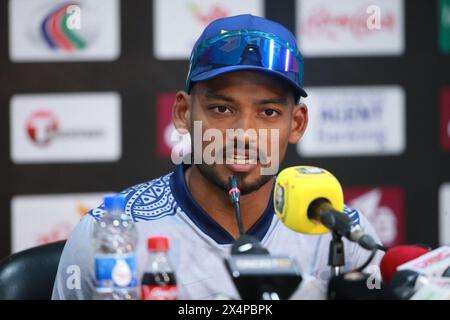 Najmul Hasan Shanto nimmt am 2. Mai an einer Pressekonferenz im Zahur Ahmed Chowdhury Stadium, Chattogram, Bangladesch Teil Stockfoto