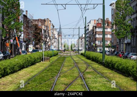 Jette, Region Brüssel-Hauptstadt, Belgien - 1. Mai 2024 - Straßenbahnschienen in Richtung Stadtzentrum Stockfoto