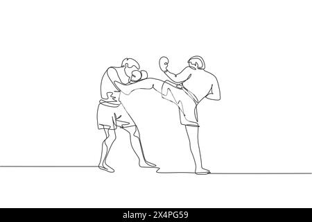 Einzelne durchgehende Linienzeichnung junger Sportmannkickboxer-Kämpfe in der Sportarena um den lokalen Meistertitel. Kampf gegen Wettbewerb Kickboxen Sport c Stock Vektor