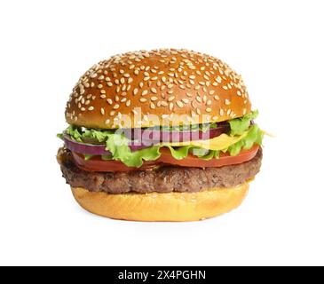 Burger mit leckerem Patty isoliert auf weiß Stockfoto