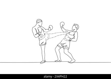 Einzelne durchgehende Linienzeichnung eines jungen sportlichen Kickboxers, der in der Sporthalle um den Meistertitel kämpft. Kickboxen Sportkonzept im Kampf. Stock Vektor