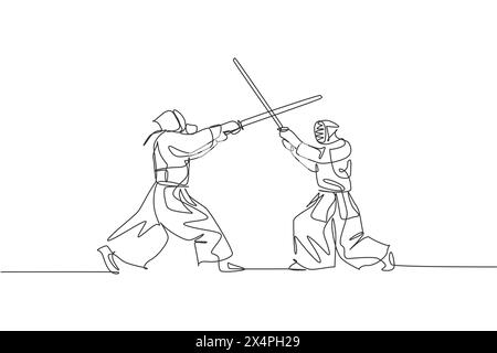 Eine durchgehende Linie, die zwei junge Männer anzieht, die um Kendo-Meisterschaft im Dojo-Zentrum kämpfen. Gesundes Kampfsportkonzept. Dynamisches Si Stock Vektor