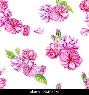 Sakura-Blumen. Rosafarbene Kirschblüten. Nahtloses Muster mit japanischen Blumen im Frühling. Botanische Aquarellillustration mit Knospen, Blütenblättern und Stockfoto
