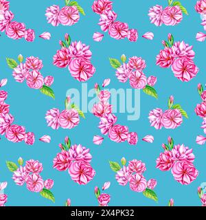 Sakura-Blumen. Rosafarbene Kirschblüten. Nahtloses Muster mit japanischen Blumen im Frühling. Botanische Aquarellillustration mit Knospen, Blütenblättern und Stockfoto