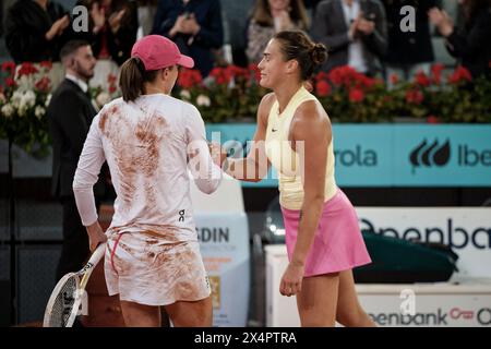 Madrid, Spanien. Mai 2024. Mutua Madrid Open Tennis, WTA, Women's Singles Final, IgA Swiatek (POL) VS Aryna Sabalenka. Quelle: EnriquePSans/Alamy Live News Stockfoto