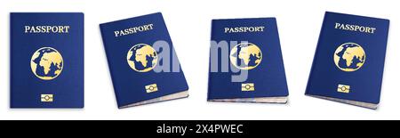 Realistischer 3D-Pass-Satz. Vorlage für internationalen Reisepass, persönliche Einwanderung. Blaues ausweisdokument mit Globus für Tourismusziel, S. Stock Vektor