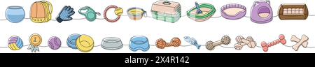 Set mit Haustierzubehör. Schlafkissen, Kauspielzeug, Ballspielzeug, Medaille, Nagelschneider, Bürste, Haarentfernerhandschuh, Maßband-Leine, tragbarer Wasserbehälter Stock Vektor