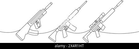 Taktische Sturmgewehre setzen eine Linie durchgehend ziehen. Verschiedene moderne Waffen durchgängig eine Zeile Illustration. Lineare Vektordarstellung. Stock Vektor