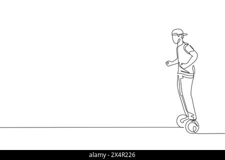 Eine einzelne Linienzeichnung des jungen energetischen Mannes, der auf dem Hoverboard des Stadtparks reitet, Vektor-Grafik-Illustration. Zukünftiger Transporter. Gesunder Lifestyle-Sport Stock Vektor