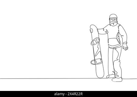 Eine einzelne Linie zeichnet junge energetische Snowboarder Mann fährt schnelles Snowboard an verschneiten Berg Vektor-Grafik Illustration. Urlaubsleben im Tourismus Stock Vektor