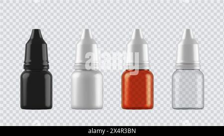 Realistische Modellflaschen für Medikamente, Tabletten, Tropfen und Spray usw. 3D Medizinische leere Kunststoffbehälter isoliert auf transparentem Hintergrund. Stock Vektor