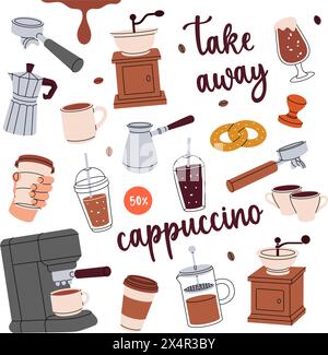 Kaffeeset. Handgezeichnete Elemente für Café-Menü und Café-Shop. Bohnen, Tassen, Topf, Paket, Mahlwerk, Filter, Maschine, Portafilter, Wasserkocher. Stock Vektor