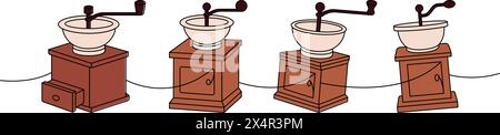 Kaffeemühle eine Linie farbige, durchgehende Zeichnung. Handgezeichnete Elemente für Café-Menü und Café-Shop. Lineare Vektordarstellung. Stock Vektor