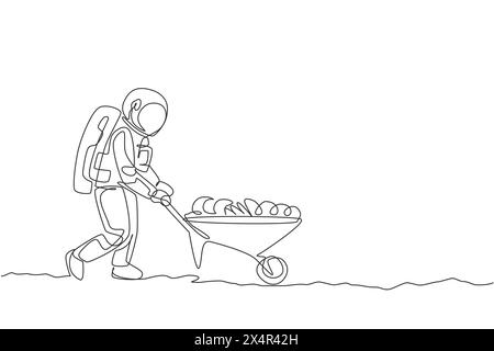 Eine einzelne Linienzeichnung des Astronauten, der Schubkarre voll von Obst und Gemüse in der Mondoberfläche Vektor-Illustration Grafik schiebt. Farmin im Weltraum Stock Vektor