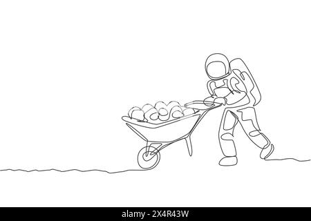 Einzelne durchgehende Linienzeichnung eines Kosmonauten, der Schubkarre mit Obst und Gemüse in die Mondoberfläche schiebt. Galaxy Astronaut Farming Life Concept. Stock Vektor
