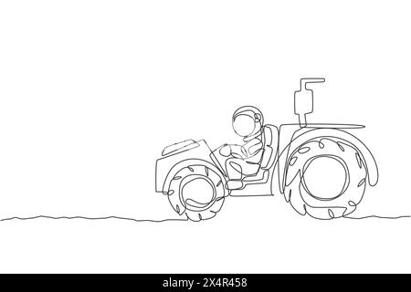 Eine einzelne Linienzeichnung des Astronauten, der Traktor fährt, um den Boden in der Mondoberfläche-Vektor-Illustration zu ebnen und abzuflachen. Außenraum Farming Contra Stock Vektor