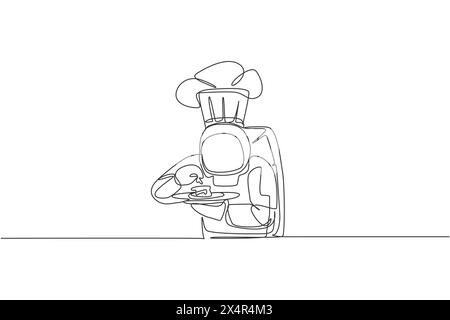 Einzelne durchgehende Linienzeichnung eines Astronauten, der köstliche Speisen probiert, bevor er dem Kunden im Weltraumcafé serviert wird. Konzept der gesunden Restaurantküche. Stock Vektor