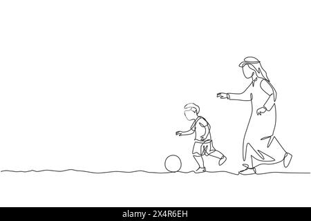 Eine durchgehende Linienzeichnung des jungen arabischen Vaters und seines Sohnes, die Fußball spielen. Glückliches islamisch-muslimisches Familienkonzept. Dy Stock Vektor