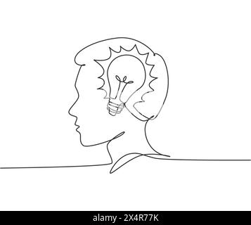 Eine durchgehende Linienzeichnung eines menschlichen Mannes mit Glühbirnengehirn im Kopf-Symbol-Logo. Vorlagenkonzept für Innovationssymbole. Moderne s Stock Vektor