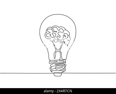 Eine einzige Zeilenzeichnung einer sauberen Glühbirne mit menschlichem Gehirn für die Logo-Identität des medizinischen Unternehmens. Kreatives Konzept der psychischen Gesundheitstherapie. Trendige Kondition Stock Vektor