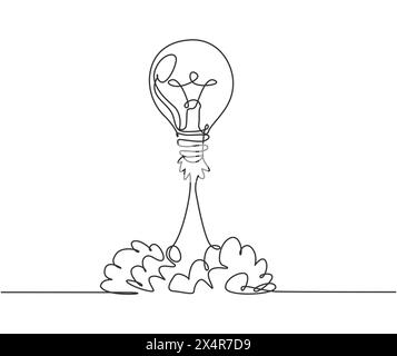 Eine einzelne durchgehende Linienzeichnung der intelligenten hellen Glühbirne hebt sich im Flug zum Space-Logo-Etikett ab. Konzept für das Label der Raketensymbole des Unternehmens. Modern Stock Vektor