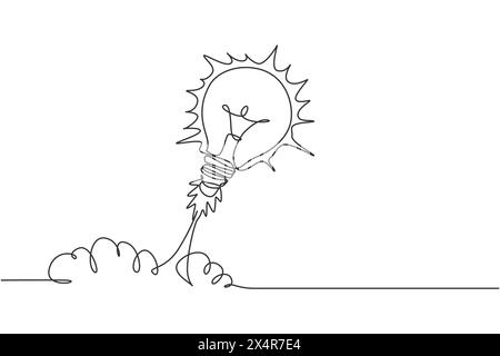 Eine durchgehende Linienzeichnung der Glühlampe, die bereit ist, das Logo-Emblem in den Raum zu heben. Smart Bright Start Programm Logo Symbol Template Konzept. Moderne s Stock Vektor