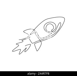 Einzelne durchgehende Linienzeichnung des Logos für den Raketenstart im Weltraum. Konzept für das Symbol des zukünftigen Transportunternehmens. Moderner einzeiliger dr Stock Vektor