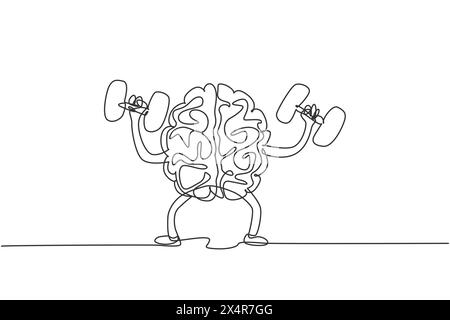 Eine durchgehende Linie Zeichnung von gesunden starken menschlichen Gehirn erhöhte Hantel für Fitness Center Logo Symbol. Smart Health Logo Symbol Template Konzept. Stock Vektor