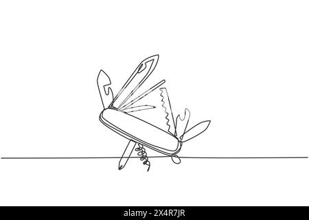 Eine einzelne Linienzeichnung eines Mehrzweck-Taschenmessers mit Klinge, Schere, Schweben, Öffner. Camping Outdoor Multifunktionswerkzeuge Konzept. Dynamisches Kontin Stock Vektor