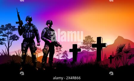 Memorial Day, Veterans Day, Unabhängigkeitstag oder Patriot Day Hintergrund. Soldat mit Grabsteinen bei Sonnenuntergang-Vektor-Illustration Stock Vektor