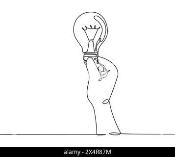 Einzelne durchgehende Linienzeichnung mit Logo-Etikett für leuchtende Glühlampen aus menschlicher Hand. Konzept für das Symbol des Elektrizitätsunternehmens. Trendige einzeilige Grafik Stock Vektor