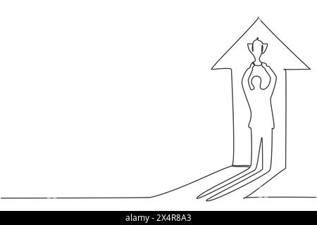 Durchgehende, einzeilige Zeichnung des jungen männlichen Gewinnerschattens an der Wand, der die Trophäe hochhält. Minimalistisches Konzept des Erfolgs-Champions-Athleten. Trendiges Single Stock Vektor